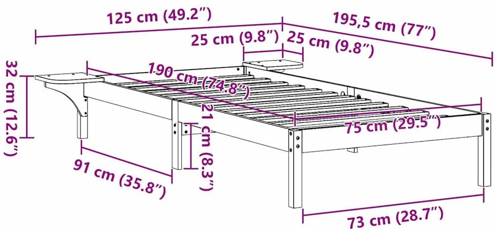 Lova Lovos rėmas Vaško ruda 75 x 190 cm Kietos pušies mediena