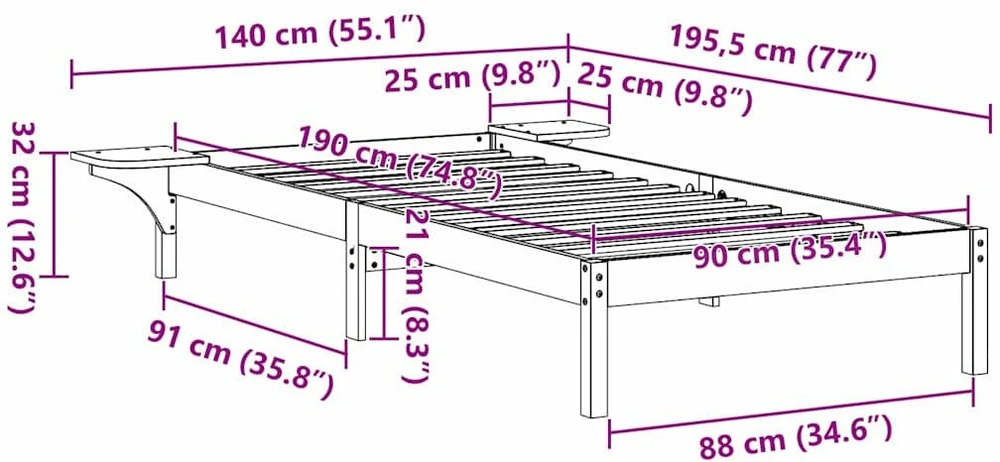 Lova Lovos rėmas Natūrali 90 x 190 cm Kietos pušies mediena