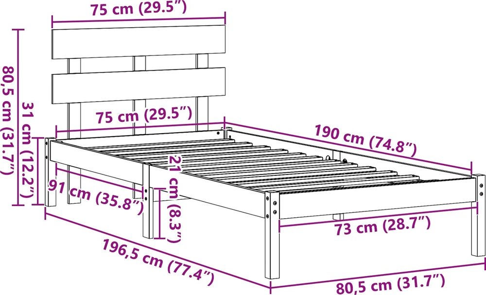 Lova Lovos rėmas Ruda 75 x 190 cm Pušies medienos masyvas