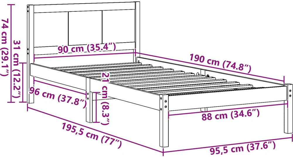 Lova Lovos rėmas Ruda 90 x 190 cm Pušies medienos masyvas