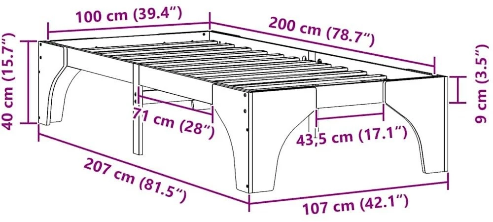 Lova Lovos rėmas Balta 100 x 200 cm Kietos pušies mediena