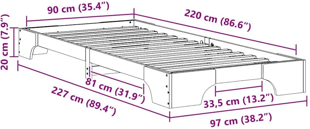 Lova Lovos rėmas Balta 90 x 220 cm Kietos pušies mediena