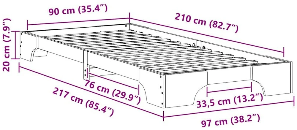 Lova Lovos rėmas Balta 90 x 210 cm Kietos pušies mediena