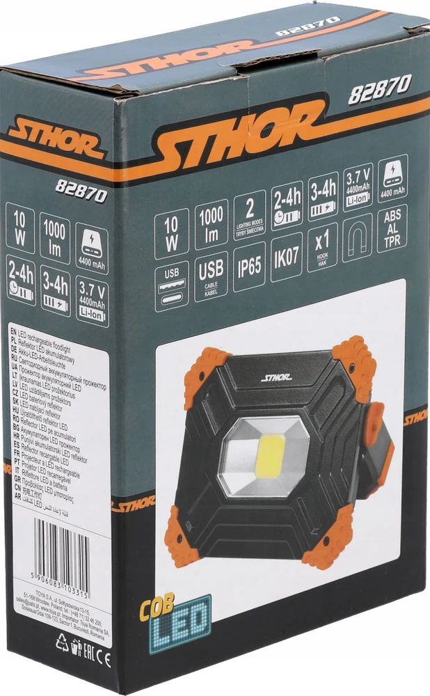 Sthor Įkraunamas LED darbo žibintas su maitinimo bloku, 10W, nešiojamas COB darbo žibintas, magnetinis pagrindas, kablys