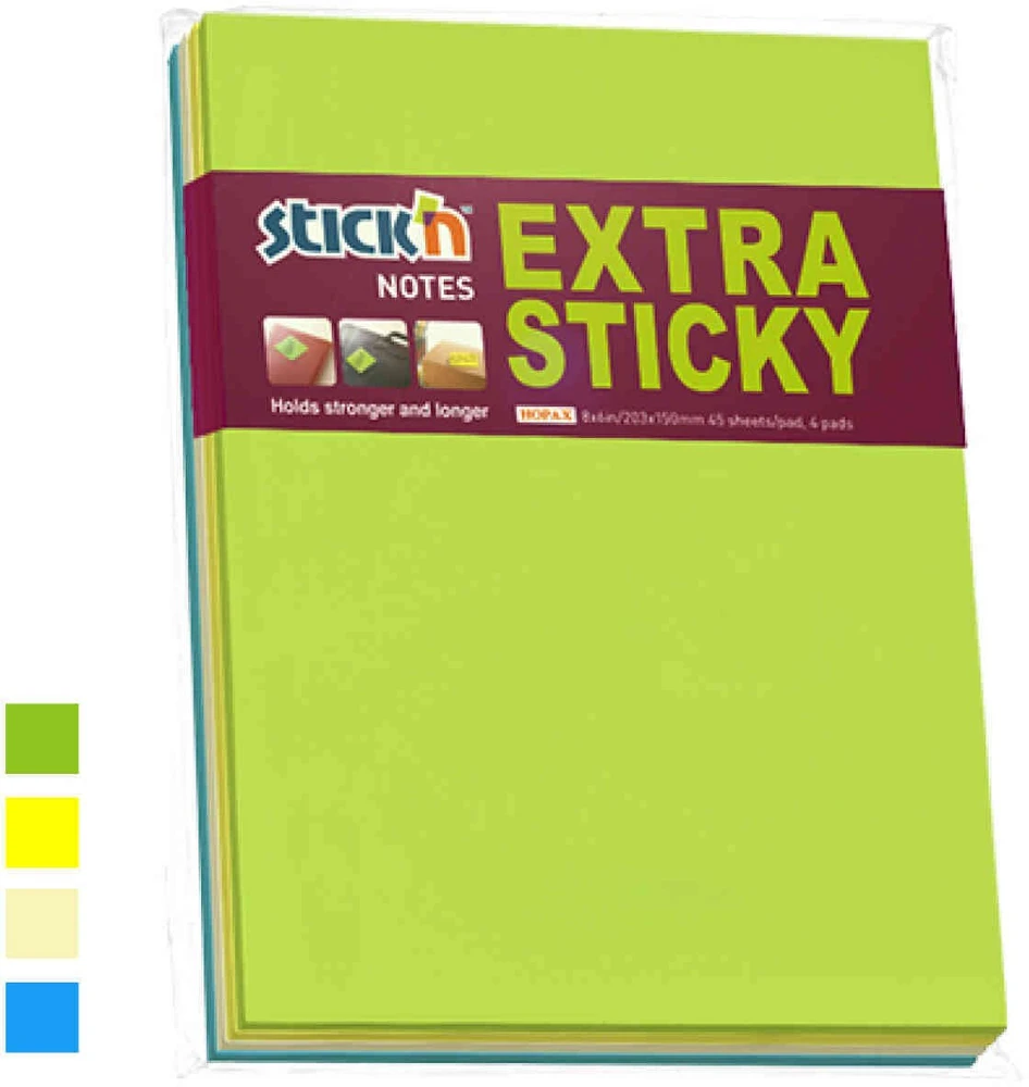 Stickn Notes Stick'N ekstra sticky 203x150mm 45 blade ass. 4blk/pak