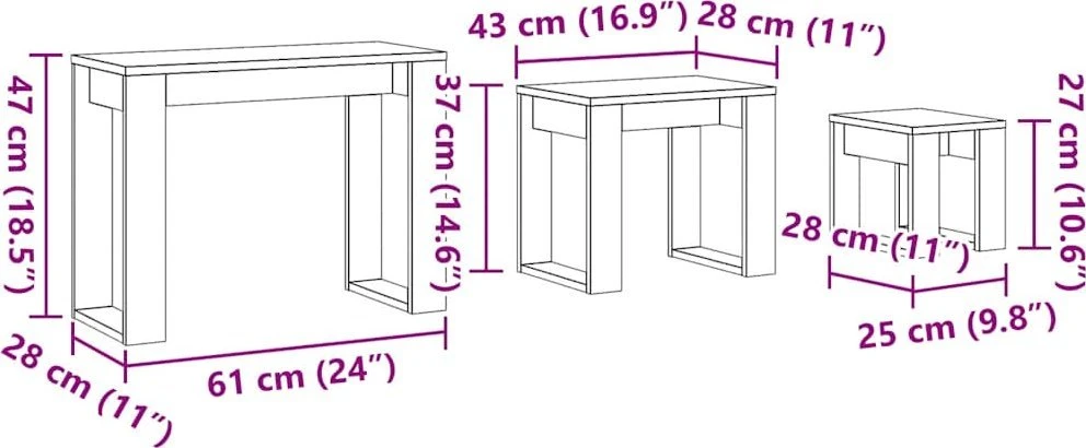 Sustumiami staliukai, 3vnt., medienos, apdirbta mediena