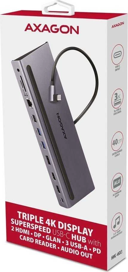 „Axagon“ kelių prievadų USB-C 5Gbps trigubas 4K ekrano šakotuvas HMC-4KX3