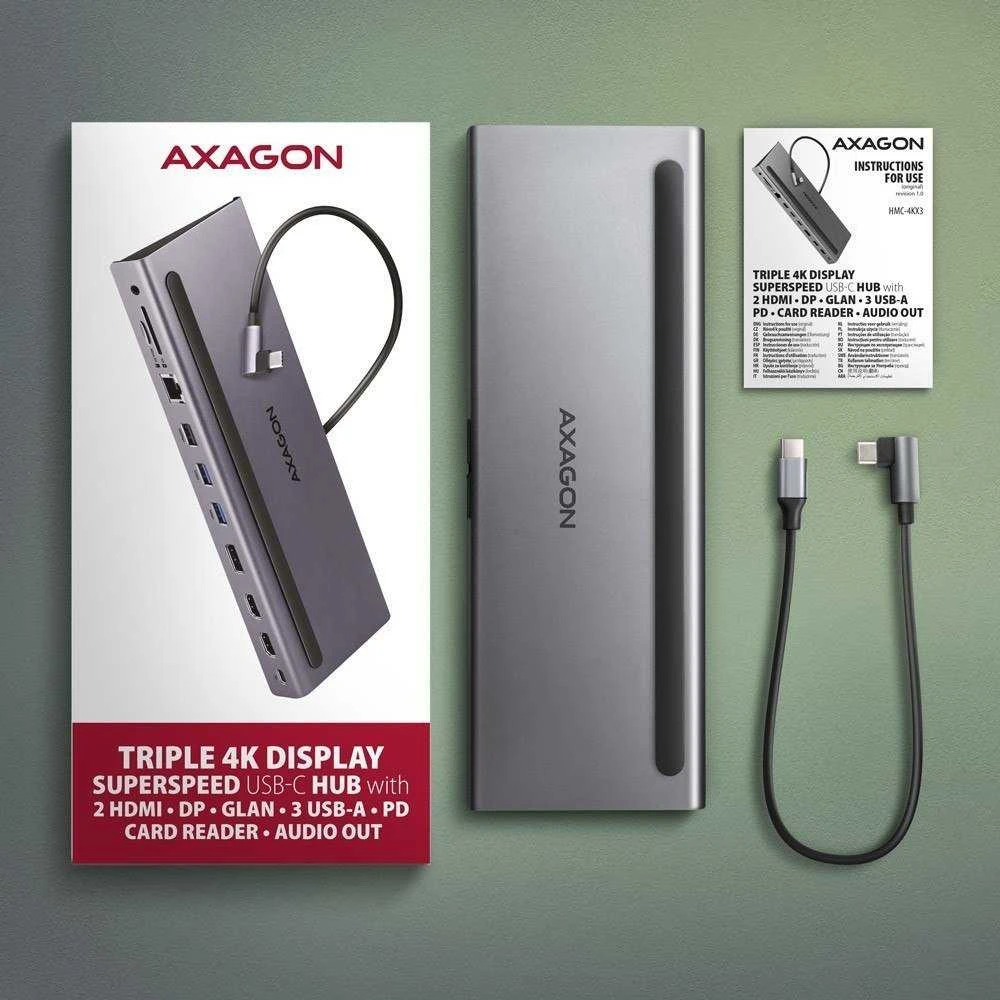 „Axagon“ kelių prievadų USB-C 5Gbps trigubas 4K ekrano šakotuvas HMC-4KX3