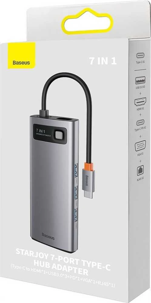 Hub 7in1 Baseus Metal Gleam Series USB-C iki 3x USB 3.0 + HDMI + USB-C PD + VGA + Ethernet RJ45