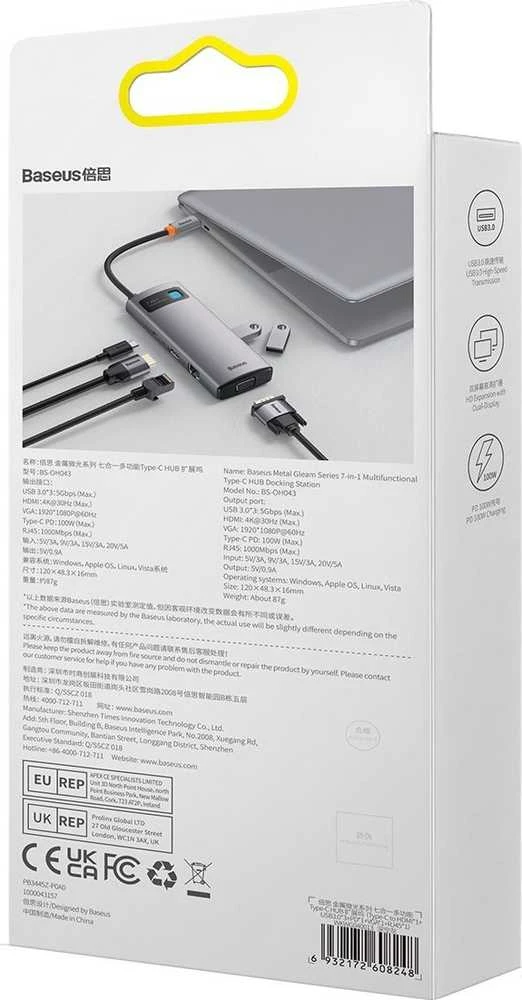 Hub 7in1 Baseus Metal Gleam Series USB-C iki 3x USB 3.0 + HDMI + USB-C PD + VGA + Ethernet RJ45