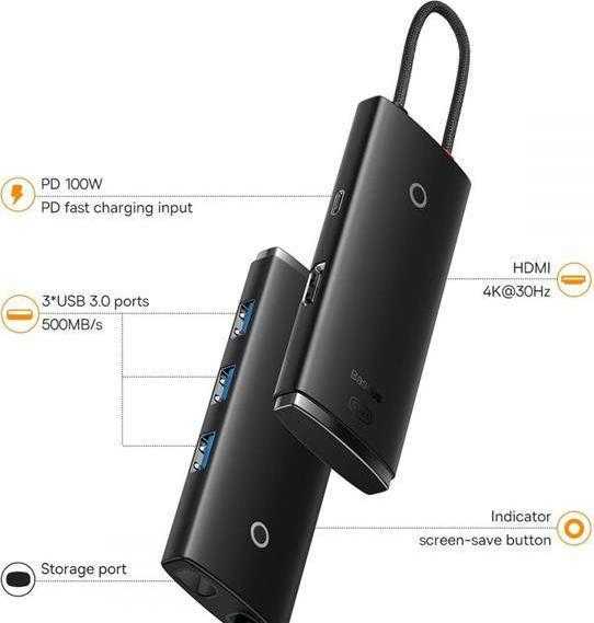5in1 Baseus Lite serija USB-C 3x USB 3.0 + USB-C + HDMI šakotuvas (fekete)