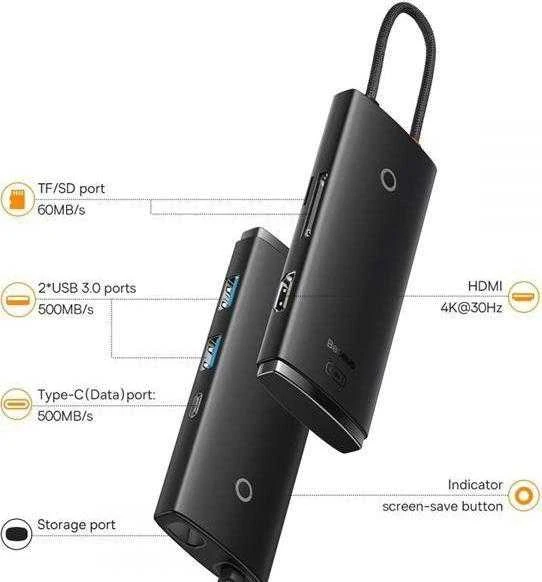 „Baseus Lite“ serijos šakotuvas 6w1 USB-C iki 2x USB 3.0 + USB-C + HDMI + SD/TF (juodas)