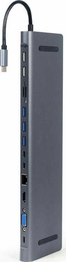 GEMBIRD A-CM-COMBO9-01 USB Type C 9in1 kelių prievadų adapteris USB šakotuvas HDMI VGA PD kortelių skaitytuvas LAN 3.5mm garso erdvė pilkas