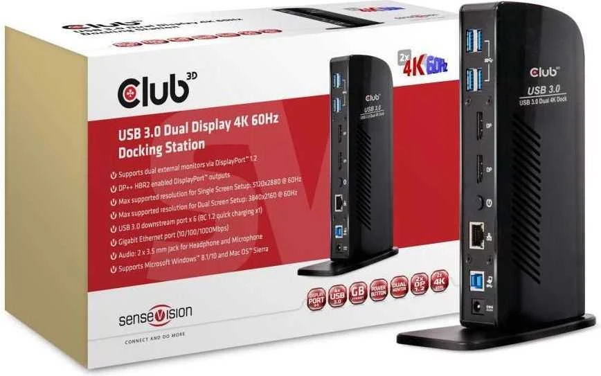 „Club 3D SenseVision“ dvigubo ekrano 4K USB 3.0 stotis / replikatorius (CSV-1460)