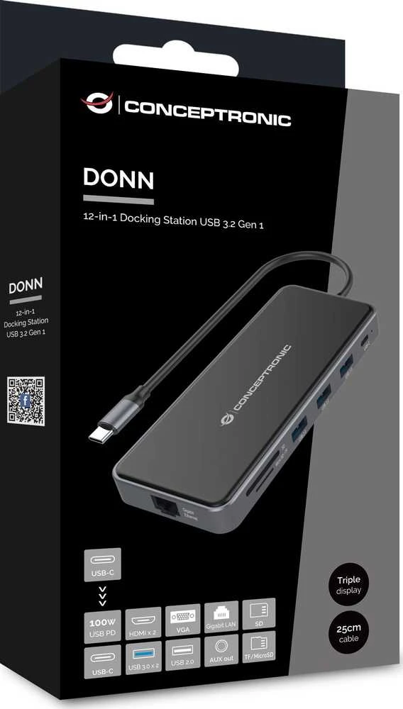 Carruzzo Conceptronic DONN15G knyginių kompiuterių dokas / jungčių replikatorius Vielinis USB 3.2 Gen 1 (3.1 Gen 1) Type-C Pilka