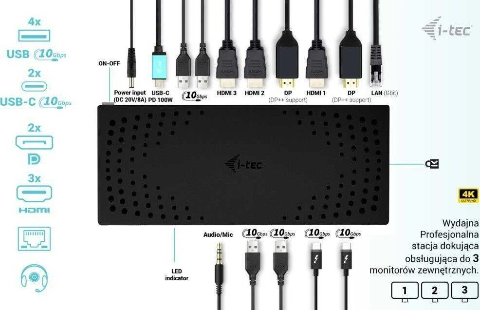 I-TEC USB 3.0 USB-C Thunderbolt 3x 4K prijungimo stotis Gen 2 + maitinimo tiekimas 100 W