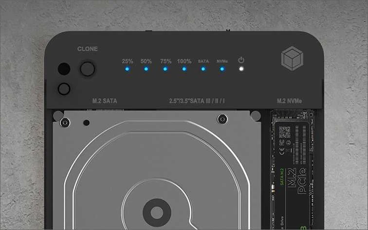 „Raidsonic Icy Box IB-2915MSCL-C31“ prijungimo stotelė ir „CloneStation“, skirta M.2 NVMe ir M.2 SATA SSD ir 2,5 colio / 3,5 colio SATA SSD / HDD