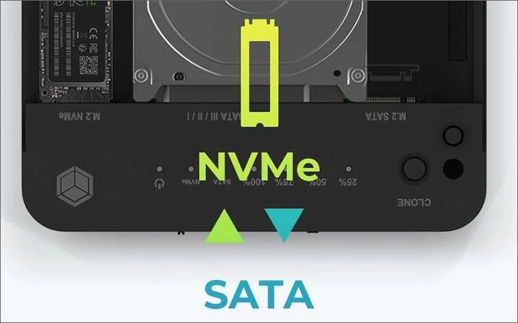 „Raidsonic Icy Box IB-2915MSCL-C31“ prijungimo stotelė ir „CloneStation“, skirta M.2 NVMe ir M.2 SATA SSD ir 2,5 colio / 3,5 colio SATA SSD / HDD