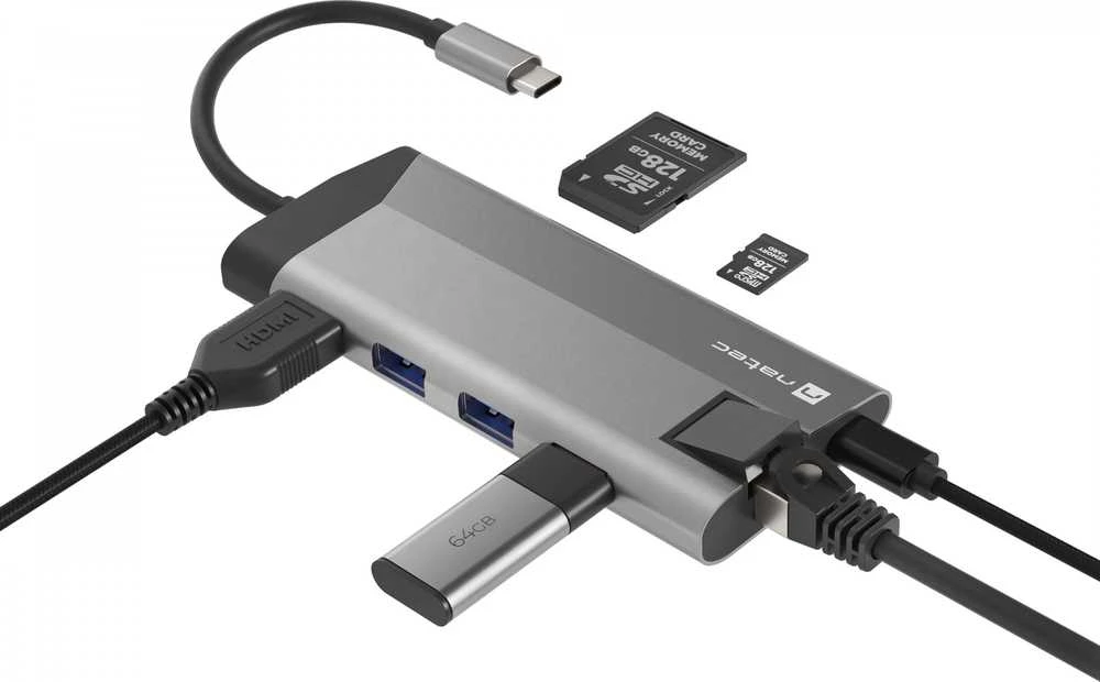 NATEC daugiaportinis „Fowler Plus“ USB-C šakotuvas, USB 3.0, 3x HDMI, 4K, USB-C, PD, RJ45, SD, Micro SD