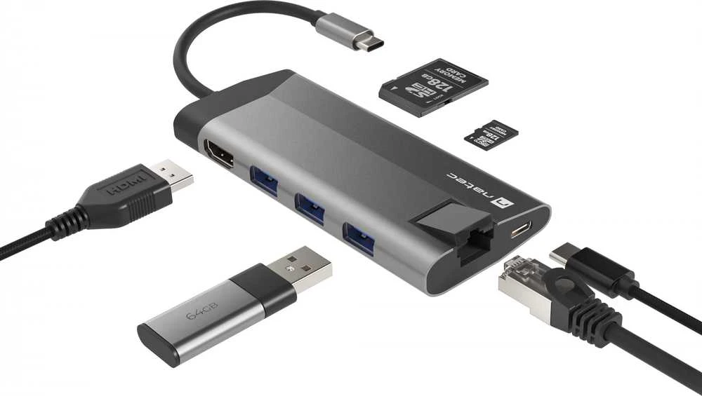 NATEC daugiaportinis „Fowler Plus“ USB-C šakotuvas, USB 3.0, 3x HDMI, 4K, USB-C, PD, RJ45, SD, Micro SD