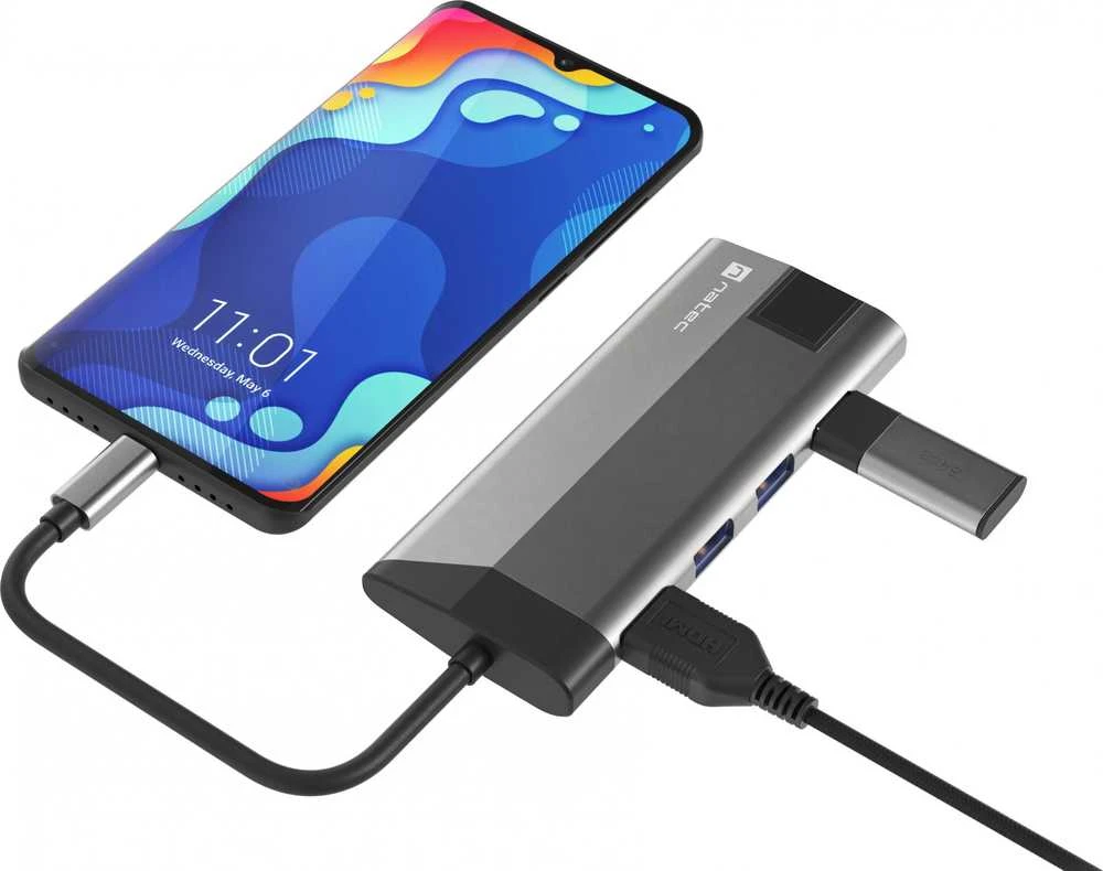 NATEC daugiaportinis „Fowler Plus“ USB-C šakotuvas, USB 3.0, 3x HDMI, 4K, USB-C, PD, RJ45, SD, Micro SD