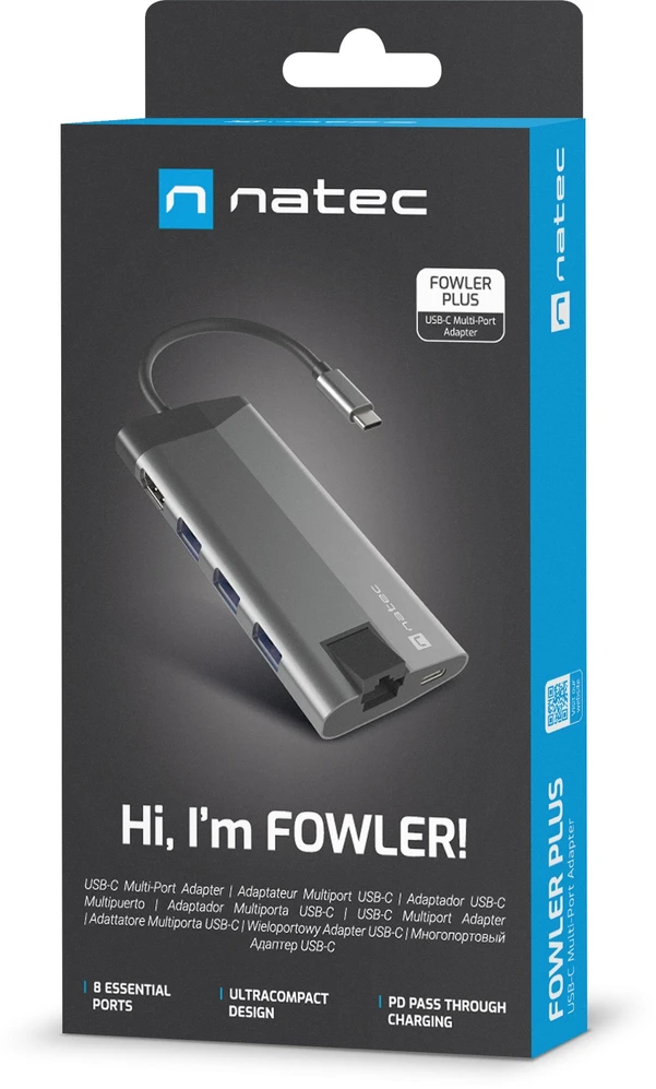 NATEC daugiaportinis „Fowler Plus“ USB-C šakotuvas, USB 3.0, 3x HDMI, 4K, USB-C, PD, RJ45, SD, Micro SD