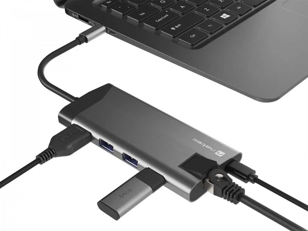 NATEC daugiaportinis „Fowler Plus“ USB-C šakotuvas, USB 3.0, 3x HDMI, 4K, USB-C, PD, RJ45, SD, Micro SD