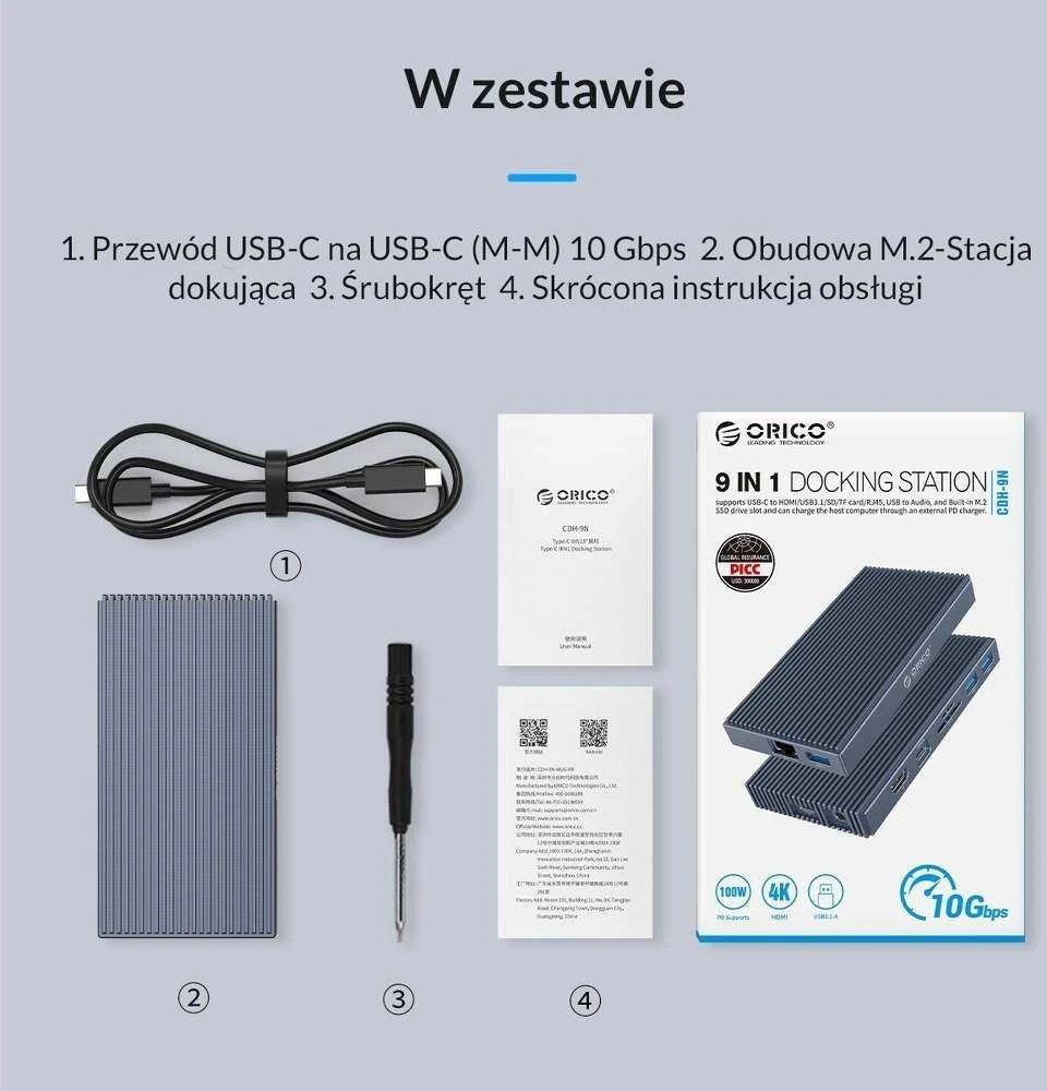 Orico prijungimo stotelė su M.2 NVMe korpusu, aktyviu PD 100W, HDMI 2.0, garso jungtimi, RJ-45, kortelių skaitytuvu