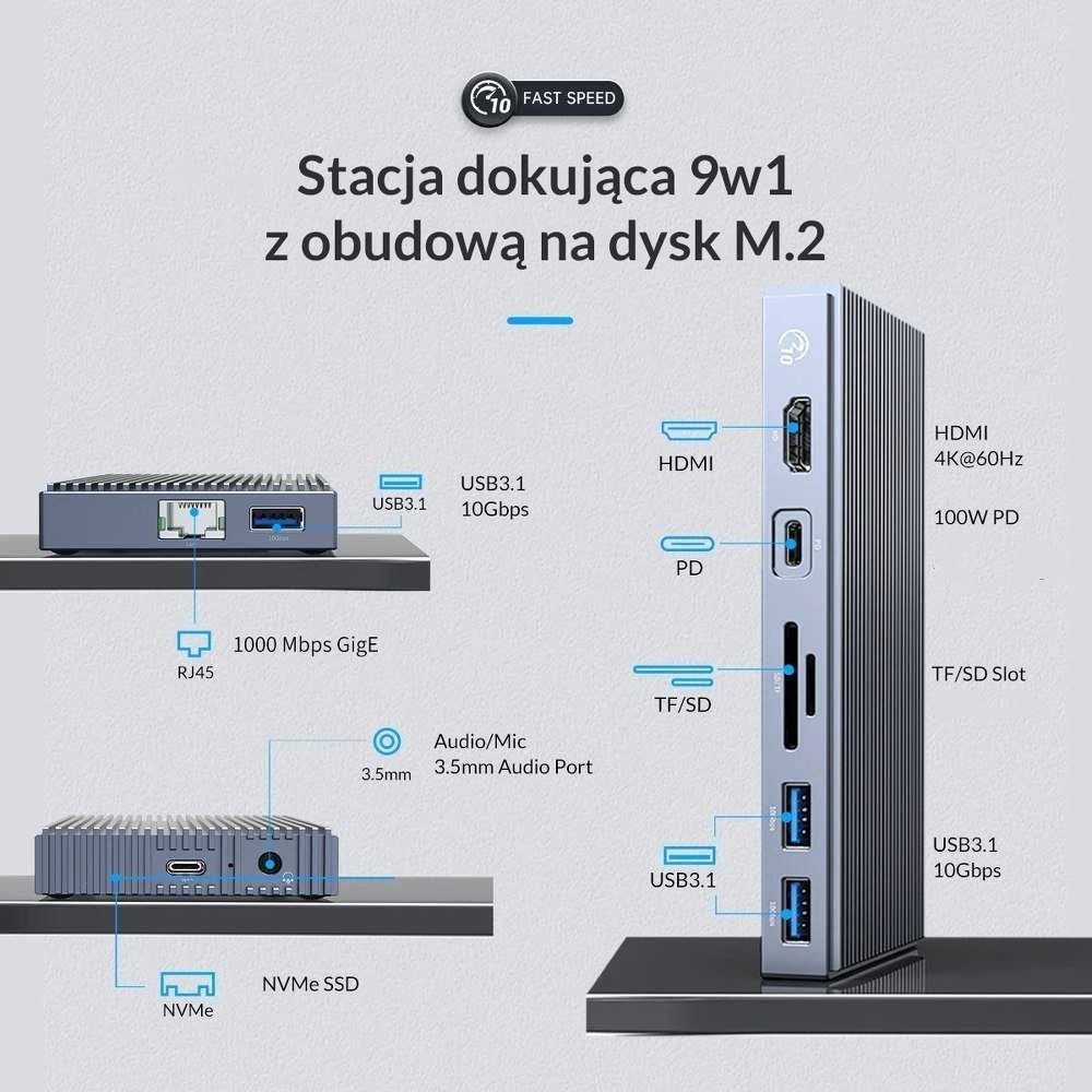 Orico prijungimo stotelė su M.2 NVMe korpusu, aktyviu PD 100W, HDMI 2.0, garso jungtimi, RJ-45, kortelių skaitytuvu