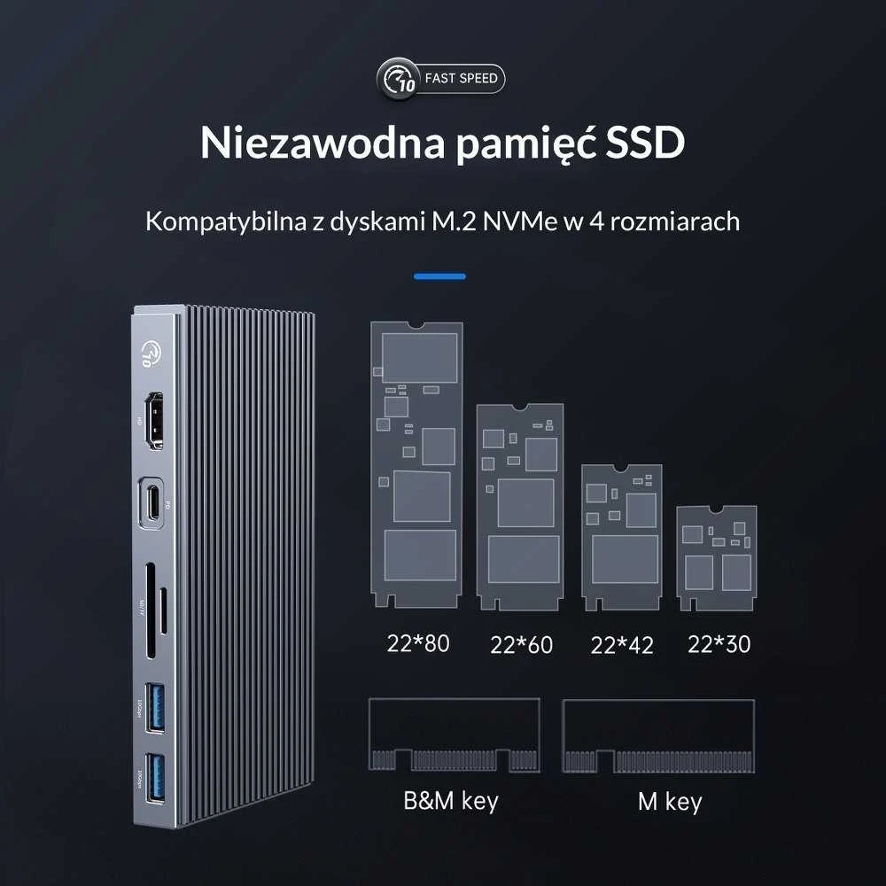 Orico prijungimo stotelė su M.2 NVMe korpusu, aktyviu PD 100W, HDMI 2.0, garso jungtimi, RJ-45, kortelių skaitytuvu