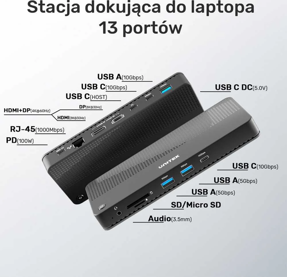 Unitek Doko stotelė 12w1, HDMI 8K, USB 4, 100 W