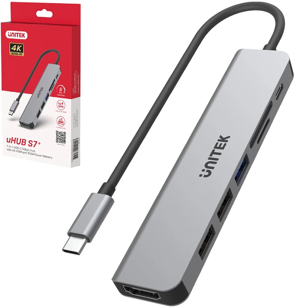UNITEK H1118A HUB USB-C 7in1 PD 100W HDMI 4K ALU