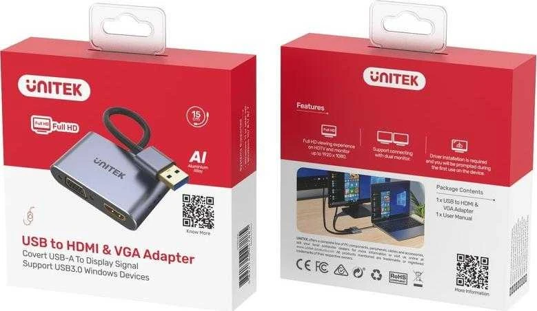 UNITEK V1304A adapteris USB-A- HDMI VGA FULL HD