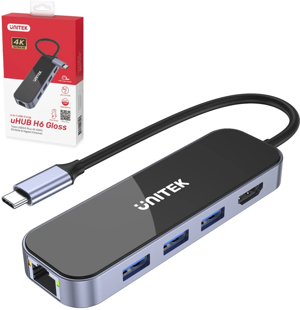 UNITEK D1084A šakotuvas USB-C 3x USB-A 3.1 HDMI 4K PD 100W