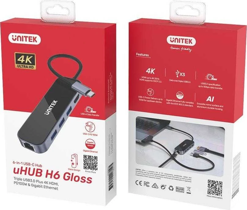 UNITEK D1084A šakotuvas USB-C 3x USB-A 3.1 HDMI 4K PD 100W