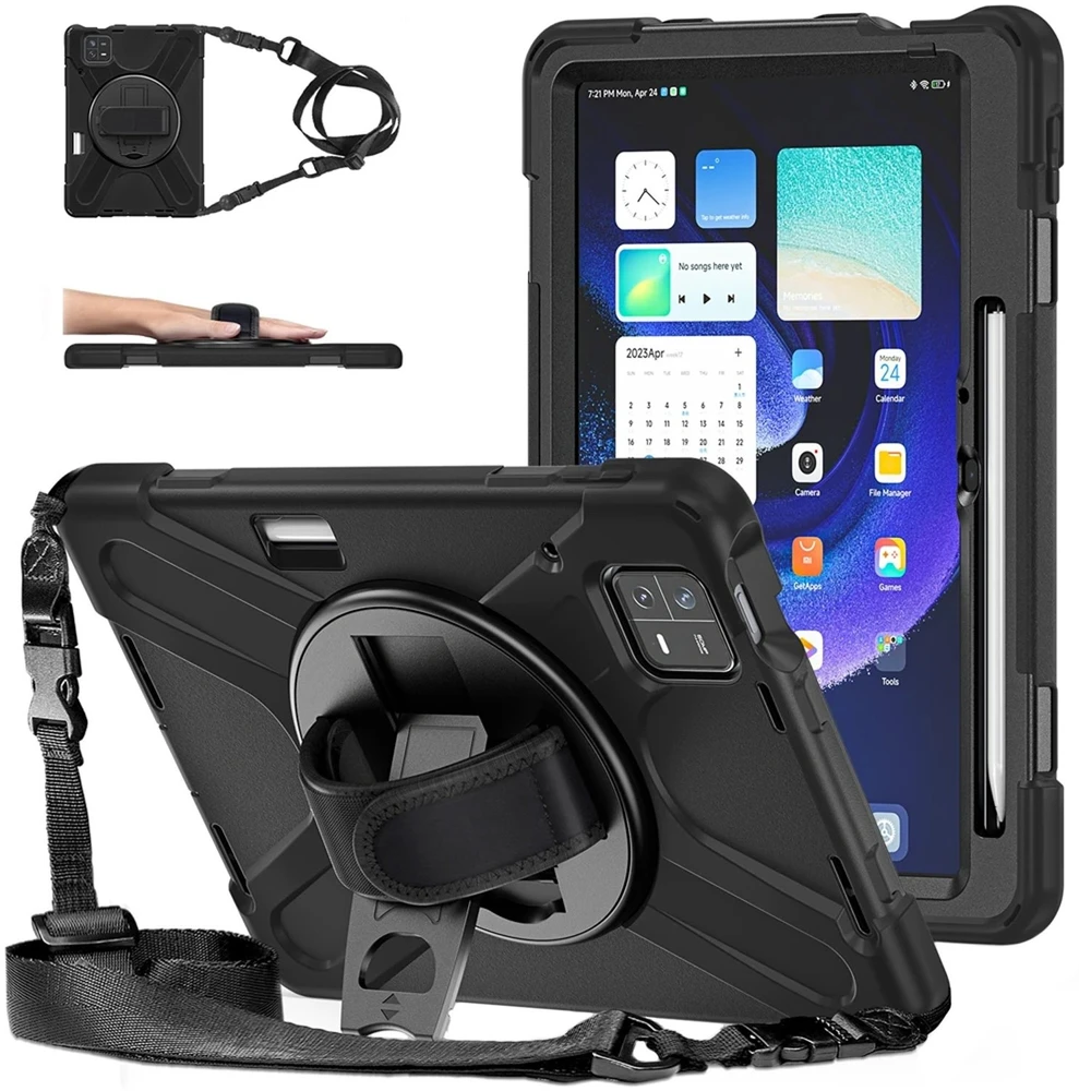Strado Armor apsauginis dėklas su dirželiu, skirtas Xiaomi Mi Pad 6 / 6 Pro 2023 / 6 Pro, juodas – apsauginis su stovu