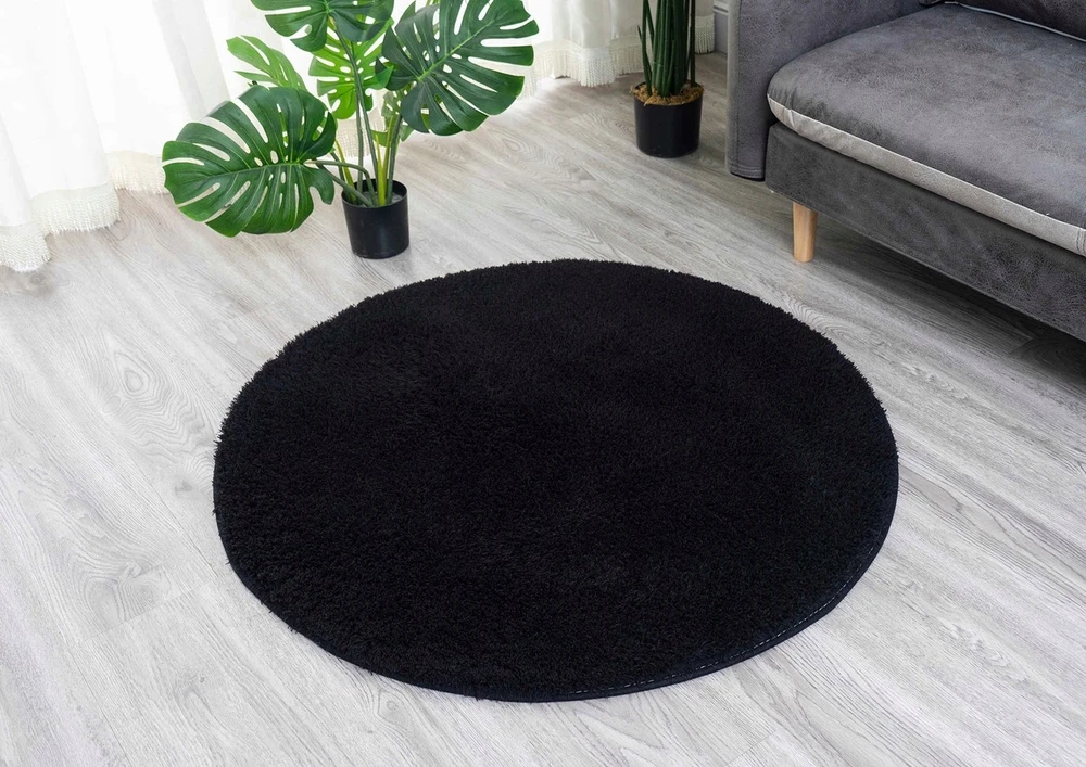 Strado Apvalus kilimas Alpaca 200x200 cm, juodas – pliušinis, minkštas svetainei ir miegamajam
