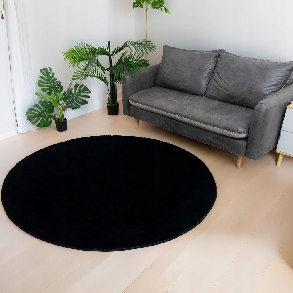 Strado Apvalus kilimas Rabbit 140 cm, juodas – pliušinis, minkštas svetainei ir miegamajam