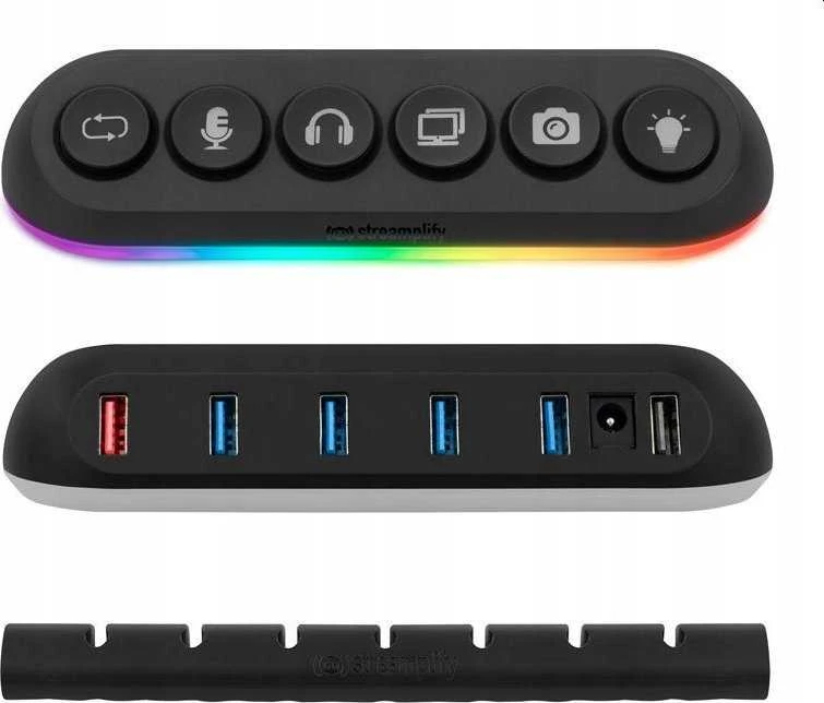 „Streamplify HUB DECK 5“, 4x USB 3.0, 1x USB 2.0, RGB, 12V, ES maitinimo laidas – juodos spalvos