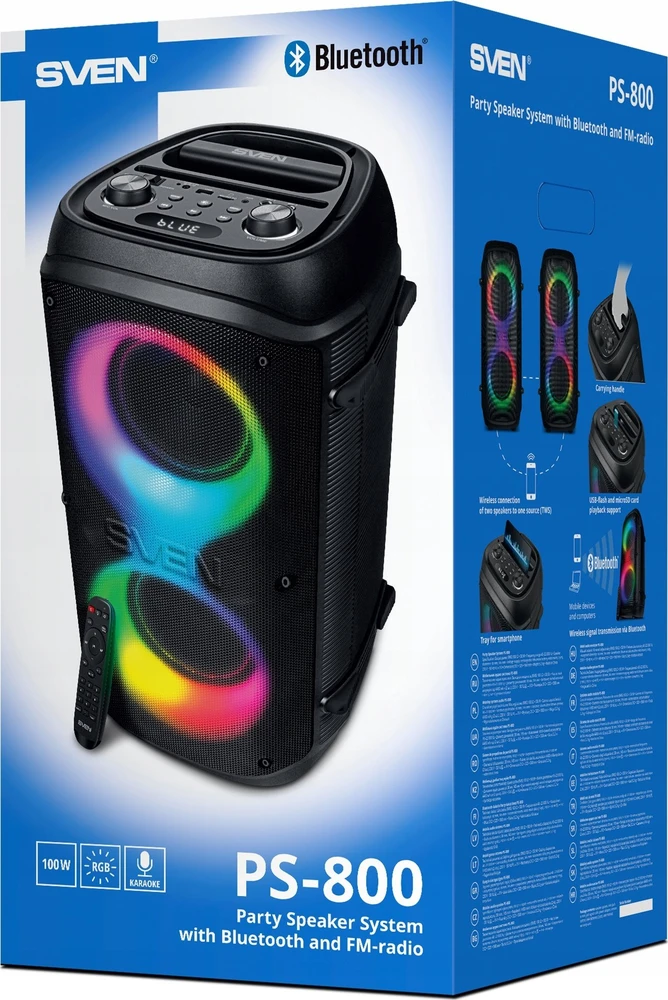 Garsiakalbis SVEN PS-800, juodas (100W, TWS, Bluetooth, FM, USB, Micro SD, LED ekranas, 4400mA*h)