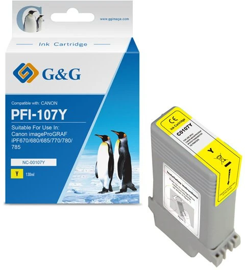 Su G&G suderinamas rašalas / rašalas su PFI107Y, NC-00107Y, 6708B001, geltonas, 130 ml