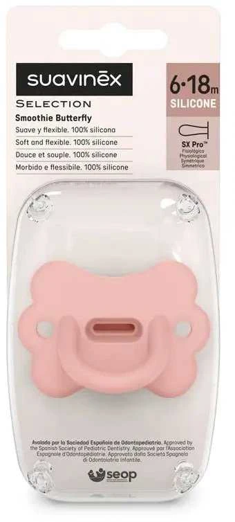 Suavinex SUAVINEX - 308915-100% FIZIOLOGINIS SILIKONINIS čiulptukas SX PRO/BUTTERFLY/6-18M/ROŽINĖ/SPALVINĖ ESENCIJA