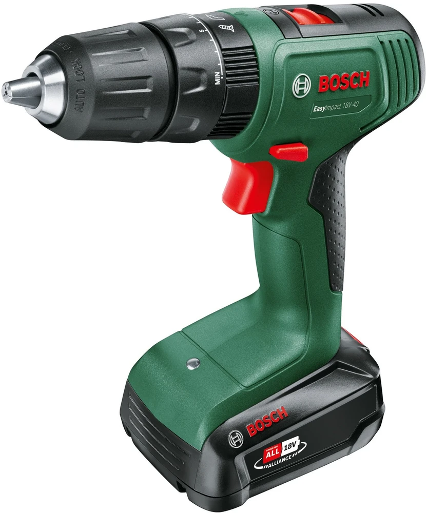 Akumuliatorinis smūginis gręžtuvas Bosch EasyImpact 18V-40, su akumuliatoriumi ir įkrovikliu