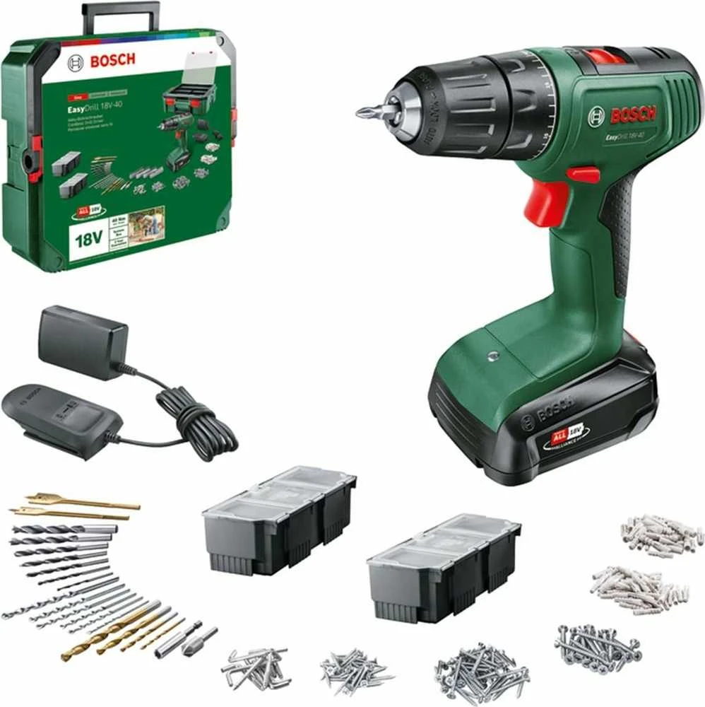 Bosch EasyDrill 18V-40 pilnas įrankių rinkinys su priedais