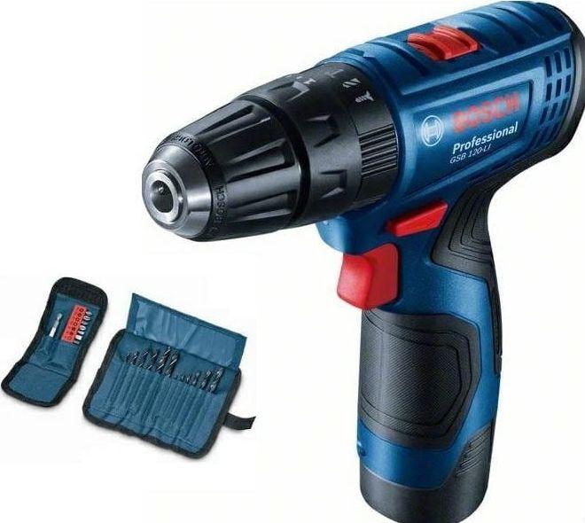 BOSCH smūginis suktuvas-gręžtuvas GSB 120-LI, 2x2,0Ah, lagaminas + 23 vnt rinkinys 12V 30/14Nm