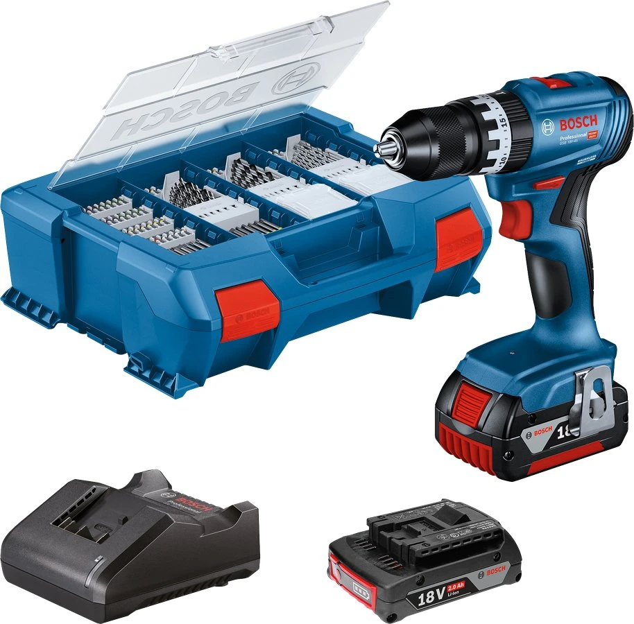 Bosch 18V-45 gręžtuvas su priedų rinkiniu