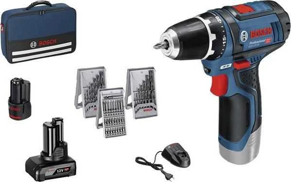  Akumuliatorinis gręžtuvas-suktuvas Bosch GSR 12V-15, 1x2.0Ah, 1x4.0Ah + 39 priedai