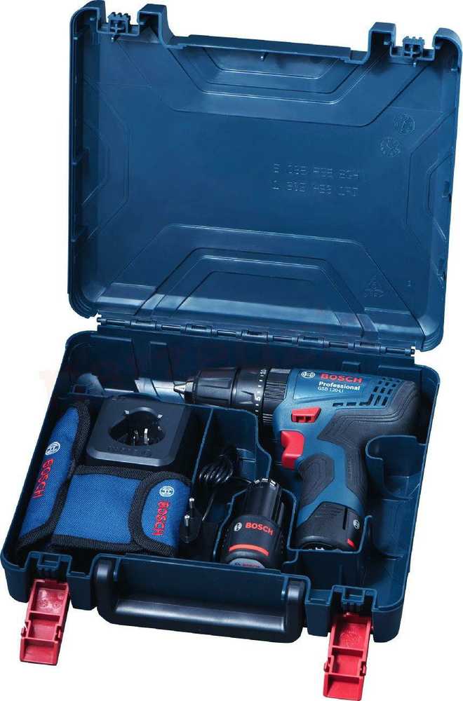 BOSCH smūginis suktuvas-gręžtuvas GSB 120-LI, 2x2,0Ah, lagaminas + 23 vnt rinkinys 12V 30/14Nm