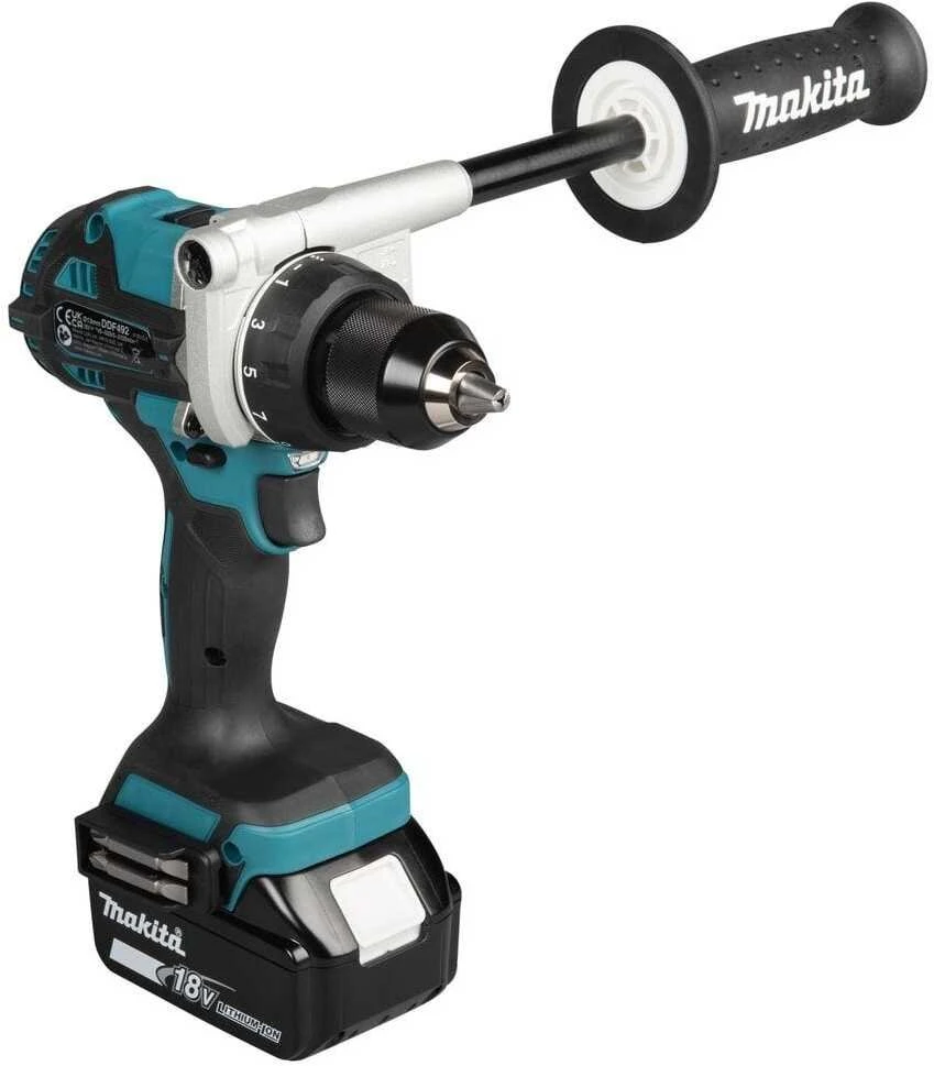 Makita DDF492 su šonine rankena ir 18V akumuliatoriumi