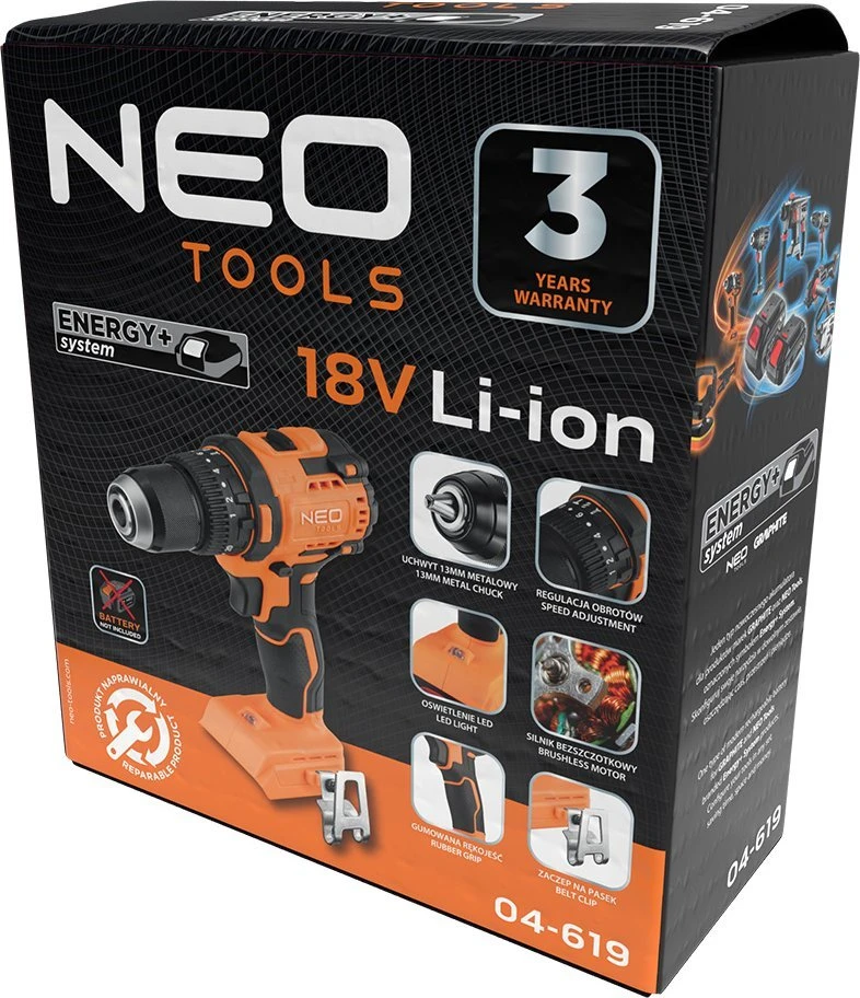 Neo Wiertarko Wkretarka Bešepetis „Energy+“ 18 V smūginis gręžtuvas, 13 mm griebtuvas, kompaktiškas, be akumuliatoriaus